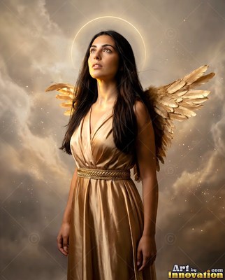 A winged woman wearing a gold dress looks up under a halo in cloudy skies