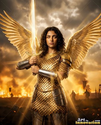 On a smoky battlefield, a winged woman wearing gold armor holds an upright sword