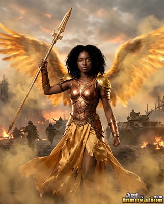 Black woman with golden wings and armor holding a spear on a battlefield