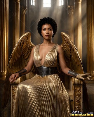 Pleated gold dress on a winged woman resting on a carved throne between tall stone pillars