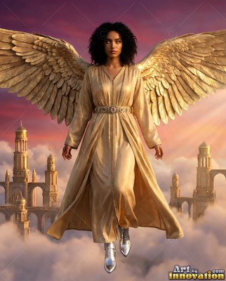 A winged woman in a gold robe floats above clouds under a pink and purple sky