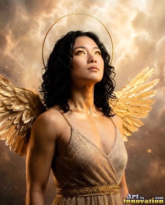 Looking upward under clouds, a winged woman stands with a thin gold halo