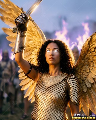 A winged Black woman in gold armor holds up a sword before purple smoke