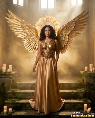 On stone steps with candles, a woman stands in a gold gown with wide golden wings