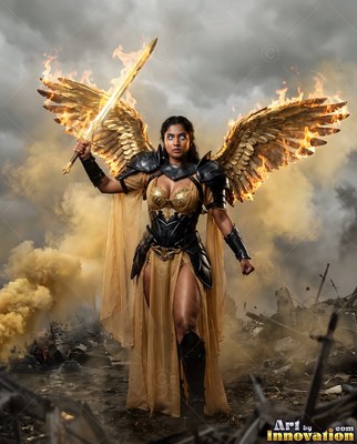 Holding a flaming sword, a winged woman stands in gold armor on a smoky battlefield