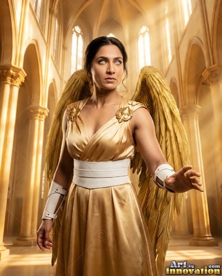Winged woman in a shining gold dress inside a sunlit hall