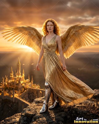 In a flowing golden dress, a winged woman stands on a rocky cliff above a castle at sunset