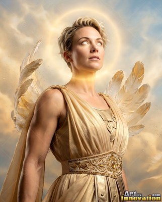 A winged woman in a golden dress looks upward with a ring of light over her head