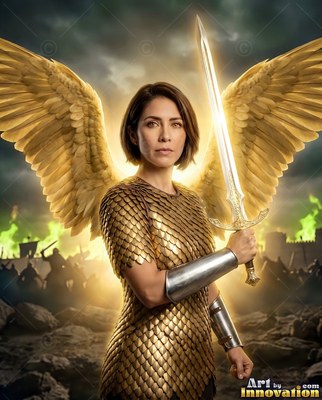 Facing forward on a battlefield, a winged woman in gold scale armor holds up a sword