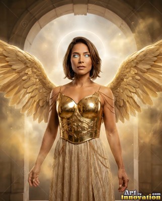 A woman with large gold wings and white eyes wears a metal corset under a stone arch