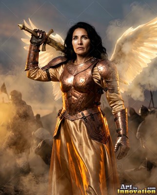 On a smoky battlefield, a winged woman in bronze armor raises a gold sword