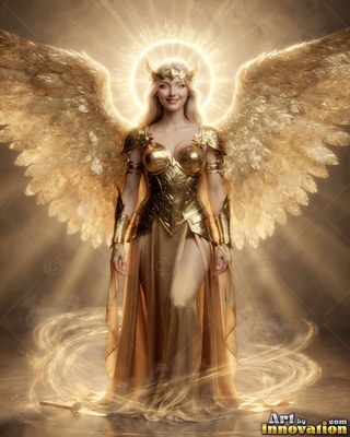 Smiling with open wings, a blonde woman is standing in gold armor with a bright halo