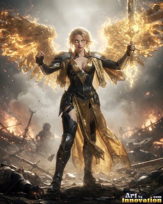 Woman in black armor with fiery wings on a ruined field