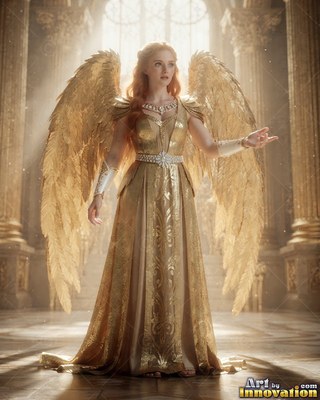 A woman dressed in a gold patterned gown and feathered wings stands in a sunlit stone hall