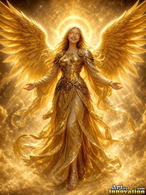 Standing with open arms, a winged golden woman hovers in bright clouds