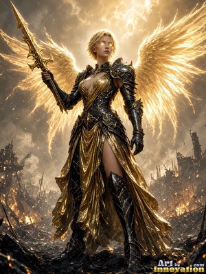 A winged woman in dark gold armor holds a sword over a ruined battlefield
