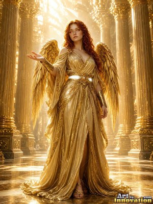 In a hall of tall pillars, a winged woman in a gold gown extends one hand
