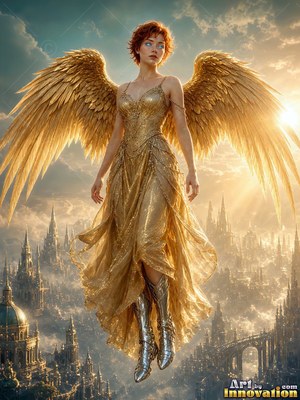 Floating in the bright sky, a winged woman clad in a bright gold dress hovers over a city