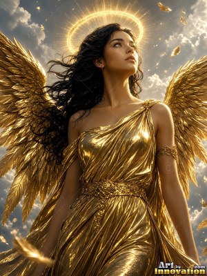 Dark-haired winged woman in a gold dress looking up at the sky