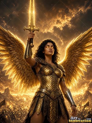 Golden scale armor shines on a winged woman lifting her sword over a smoky battlefield