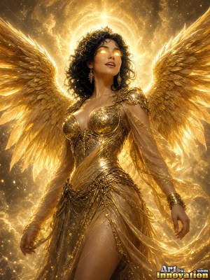 A winged woman wearing gold armor looks up into bright yellow halo light