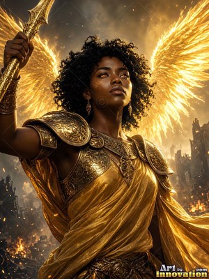 Looking up on a battlefield, a winged woman in gold armor raises a spear