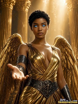 A winged woman in a golden dress reaches out her hand inside a sunlit hall