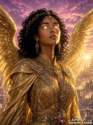 Before a pink sunset sky, a winged woman wears a gold gown above a city