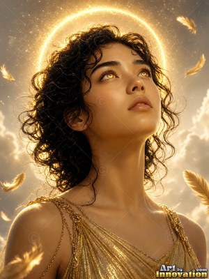 Looking upward, a dark-haired woman wears a gold gown under falling feathers