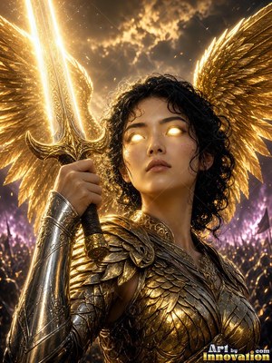 A winged woman wearing gold armor holds up a shining sword
