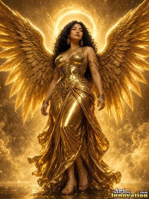 Wearing a gold corset dress, a winged standing woman in clouds under a bright ring of light