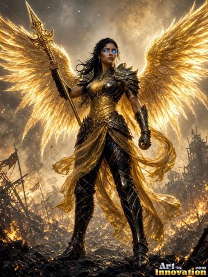 A winged woman holds a spear over a ruined battlefield lit by bright gold plumage