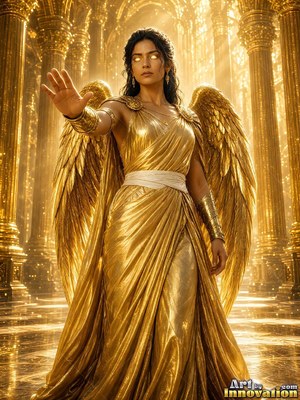 Standing with one hand raised, a winged woman in a gold gown waits in a bright temple hall
