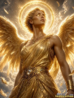 In a cloudy sky, a golden winged woman with a bright halo looks upward