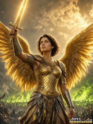 Holding a bright sword high, a winged woman dressed in gold armor stands over a battlefield