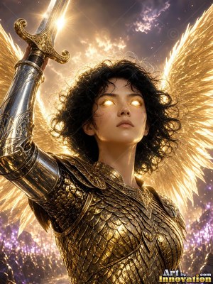 A woman with wings in gold armor holds up a sword under the sky