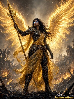 A winged woman stands with a tall spear on a battlefield, lit by bright fiery gold wings