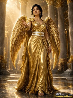 Standing tall in a sunlit hall, a woman with wings wears a shining gold dress