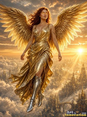 A winged woman wearing a golden dress floats in the sky above a cloudy city