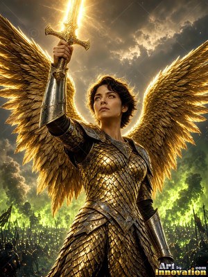 Holding up a bright sword, a woman with wings in gold armor stands over an army