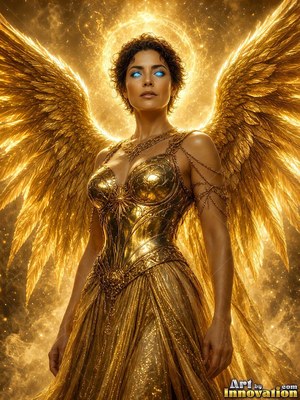 A woman with blue eyes, large gold wings and a golden dress