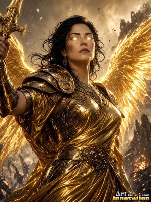 Wearing golden armor, a winged woman holds a sword above a ruined city with smoky skies