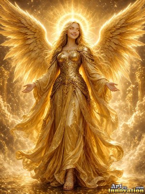 A winged woman smiles with open arms before a bright halo of yellow light