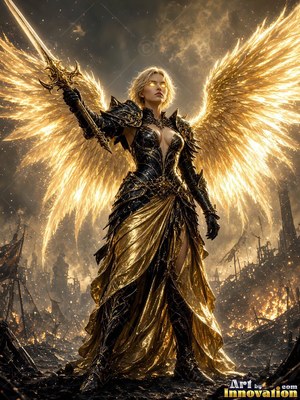 Standing on a ruined battlefield, a winged woman in gold armor holds up a sword