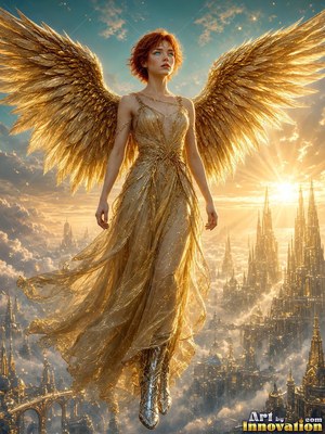 Above a city of spires, a winged woman hovers in a flowing golden dress