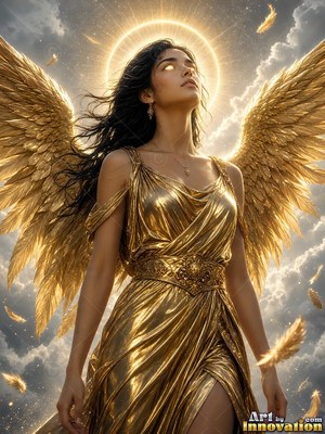 Looking upward with gold wings, a winged woman wears a draped golden dress in cloudy skies