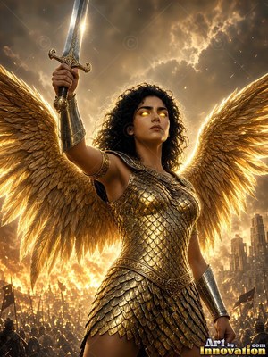 Winged woman in golden armor holding up a sword over a battlefield