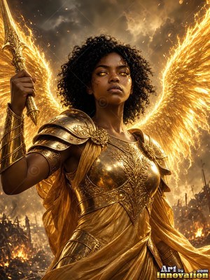 A winged woman in armor holds a spear upright against bright golden firelight