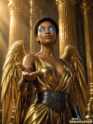 Standing before tall stone pillars, a winged woman in gold reaches one hand out