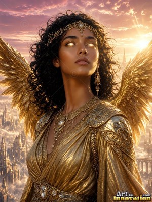 A winged woman clad in a bright gold dress looks up against a pink sunset sky